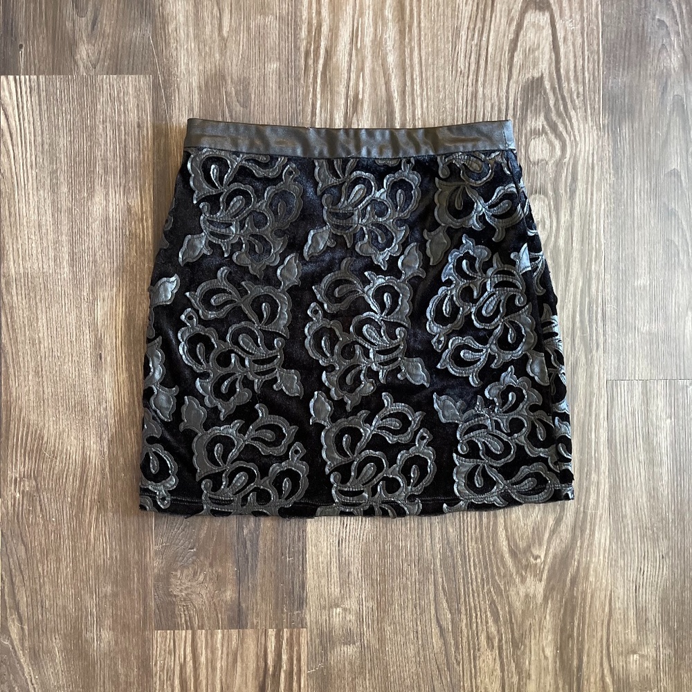 Embroidered Faux Leather & Silk Black Skirt